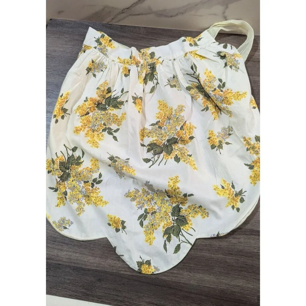 Vintage‎ 1950s Floral Half Apron Yellow Cotton Retro Kitchenware